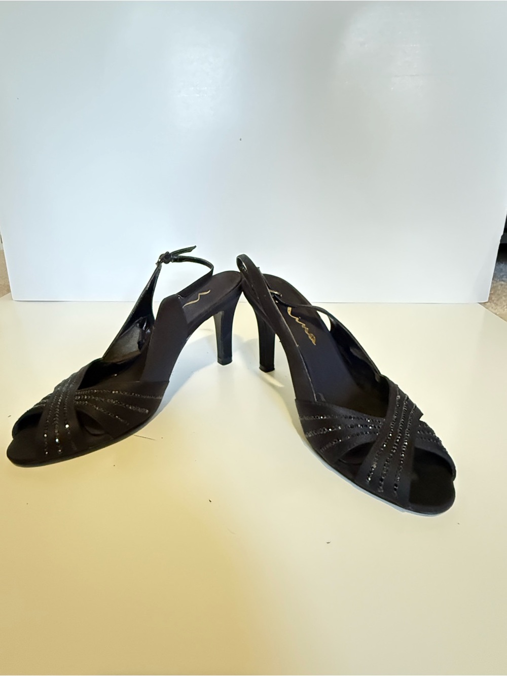 Nina Black Slingback Peep-Toe Heels with Rhinestone Straps